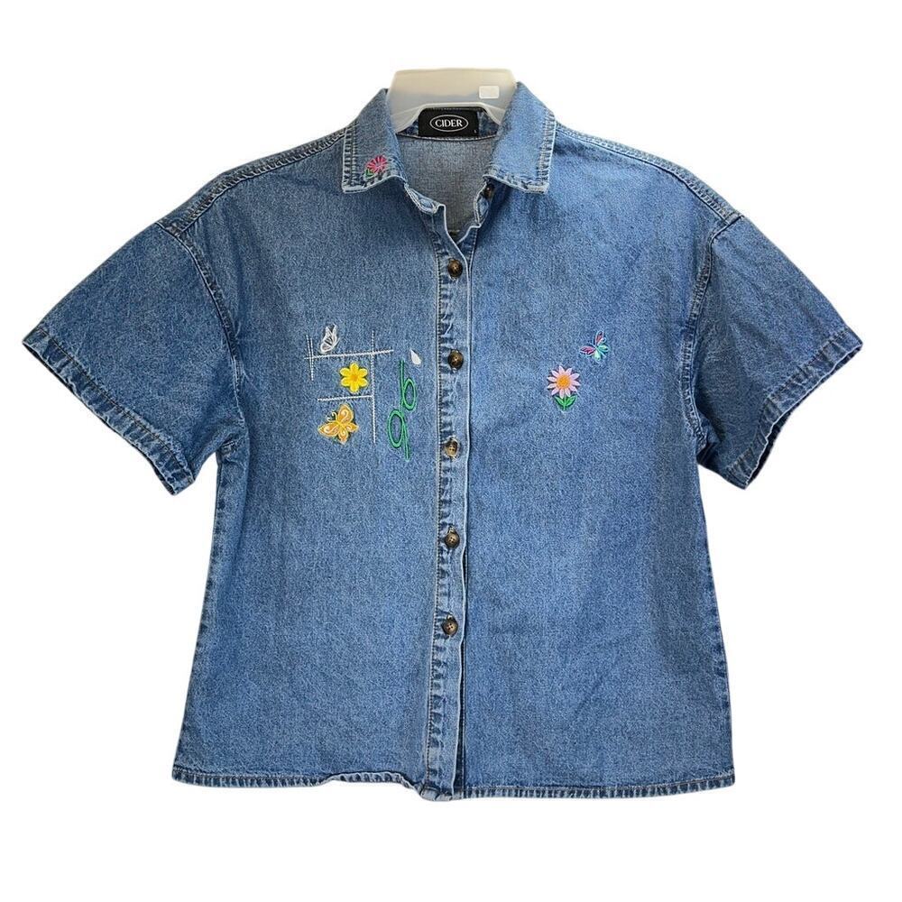 CIDER Womens L Blue Jean Embroidery Button Up Shirt Jacket Casual Wear